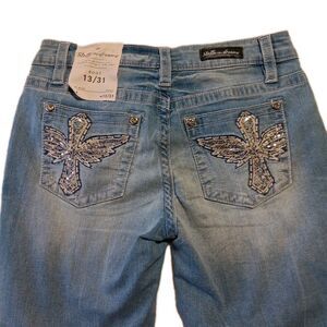 Stella In Dreams Mid-Rise Jeans 13x30 Bootcut Sequin Embroidered White Cross